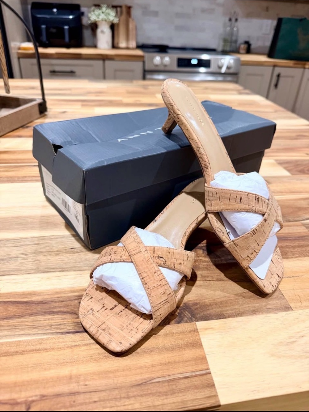 Ann Taylor Factory Cork-Texture Tan Crisscross Slide Heels